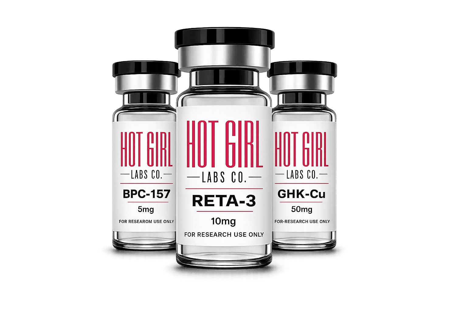 RETA-3, BPC-157, and GHK-Cu Hot Girl Labs vials in a V formation